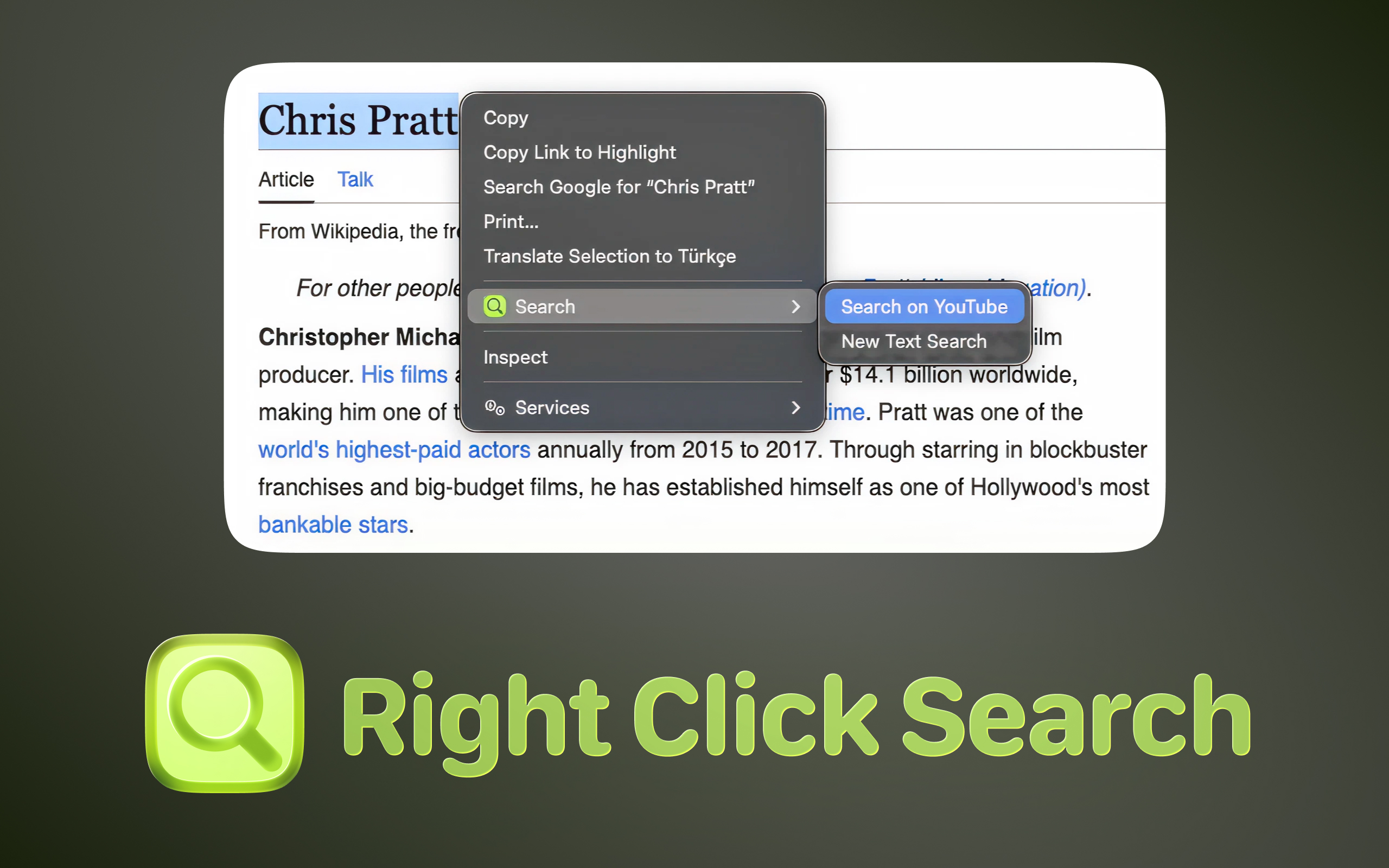 Text Search Interface showing right-click search functionality with multiple search engines